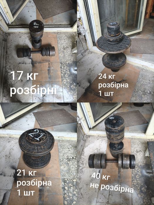 Гантелі , бліни, тренажери