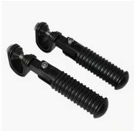 Apoios para pés em liga de alumínio CNC, ajustáveis e dobráveis, com design ergonómico e superfície antiderrapante. Compatível 28mm a 32mm.
