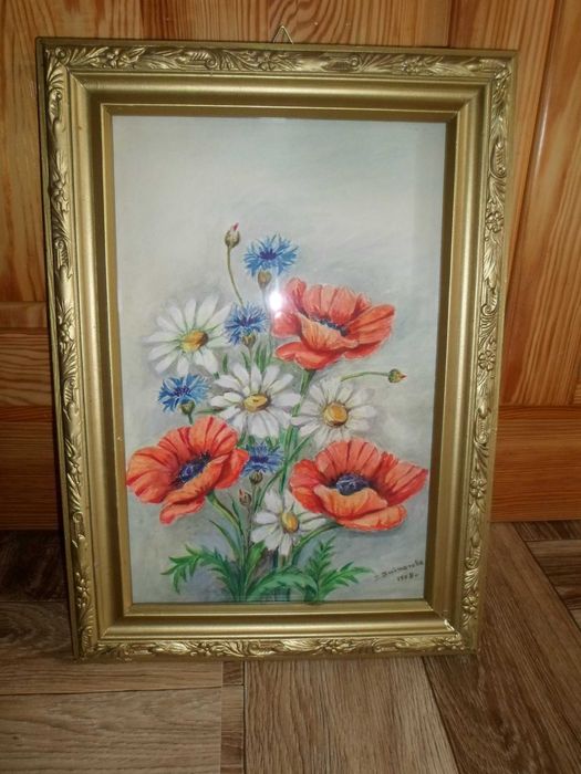 Obraz - ręcznie malowana akwarela w złotej ramie za szkłem r. 1978