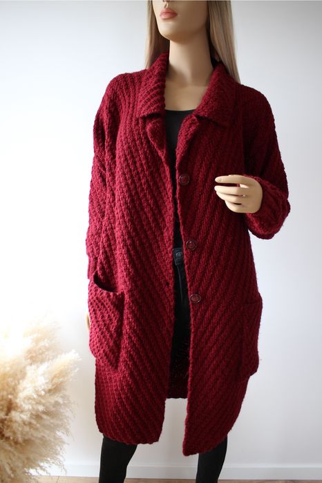 Unikat! Kardigan handmade bordowy oversize długi sweter chunky knit burgund miękki premium gruby