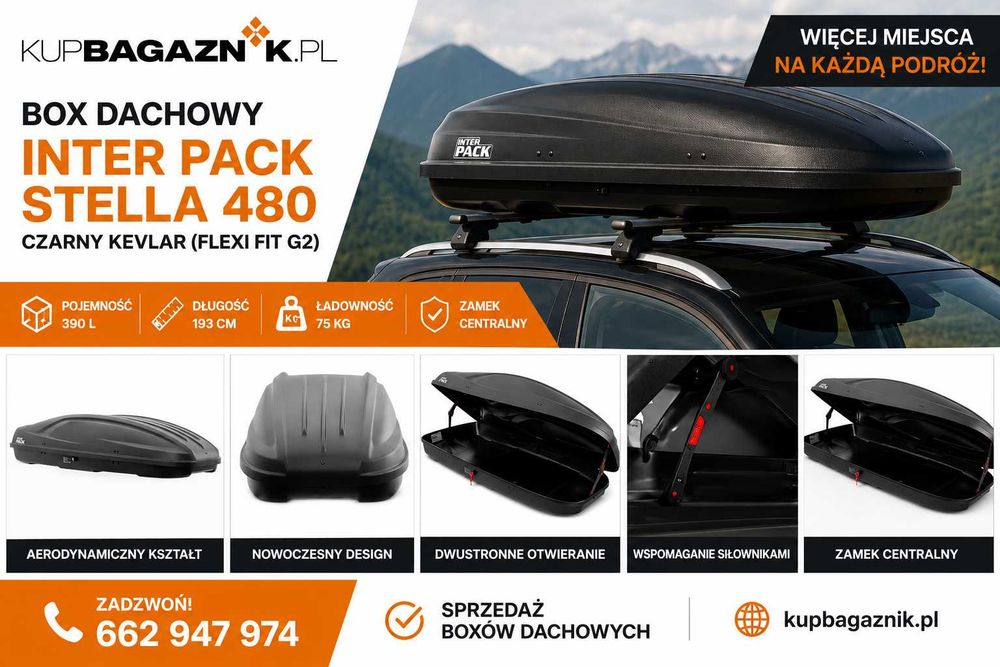 Box dachowy Bagażnik Kufer Boks bagażowy Inter Pack Stella 480 czarny kevlar flexi fit