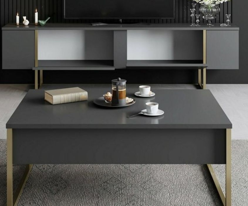 Móvel de TV – Cinzento com Pés Dourados