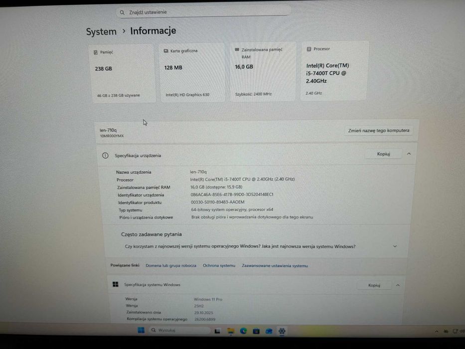 Bardzo ładny komputer Lenovo ThinkCentre m710q min i5 16GB 256SSD wifi