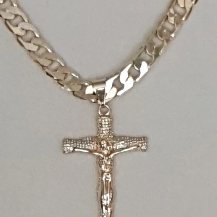 Pozłacany komplet męski łancuszek I krzyż splot pancerka 55cm