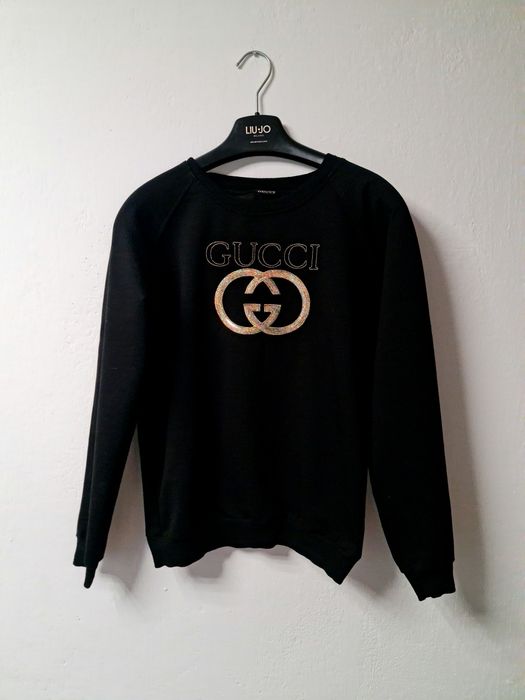 Czarna bluza logo cekiny zlote przez głowę klasyczna Gucci wzór