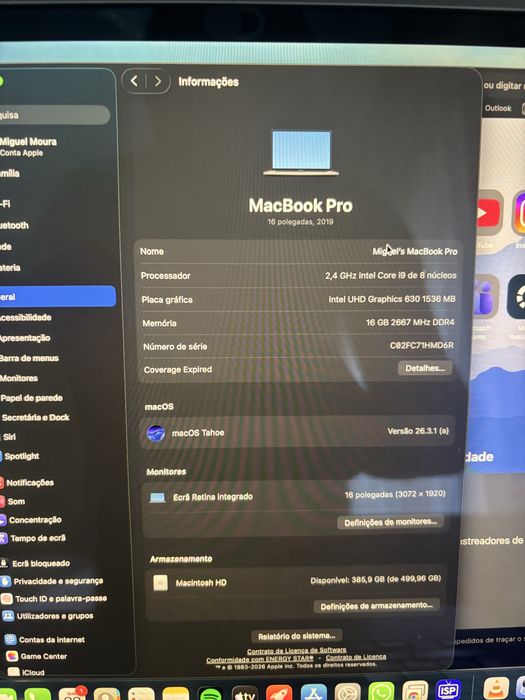 MacBook Pro 16,1”/ i9 / 16GB RAM / 512GB SSD