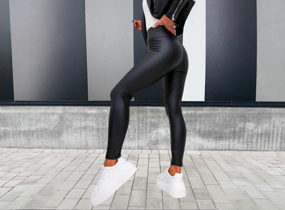 Ocieplane legginsy damskie z eko skóry z wysokim stanem -czarne XL/XXL