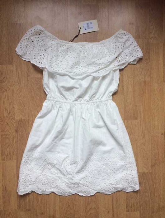 NOWA biała bawełniana sukienka mini Bik Bok ażurowy wzór off shoulder