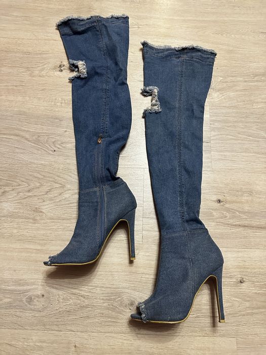 Długie jeansowe kozaki na obcasie | 39 | open toe | stan bardzo dobry