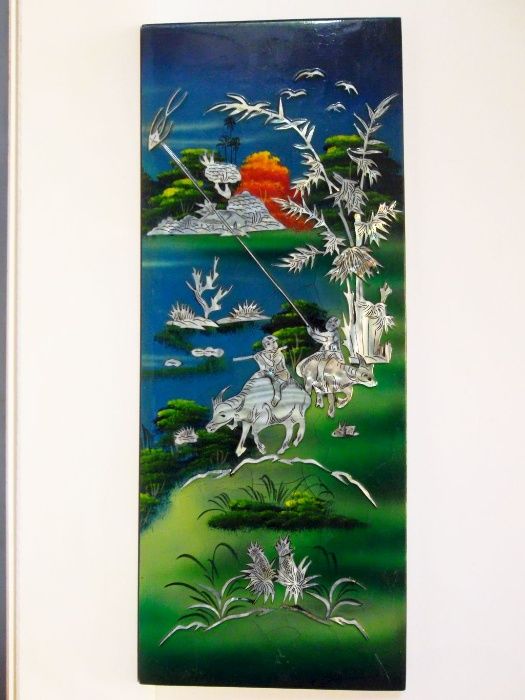 2 quadros asiáticos vintage lacadas com embutidos em madre perola