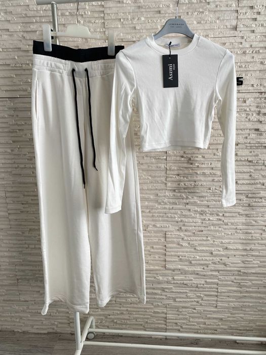 Aszmi style nowy set dres biały szerokie spodnie na gumie + top prążek