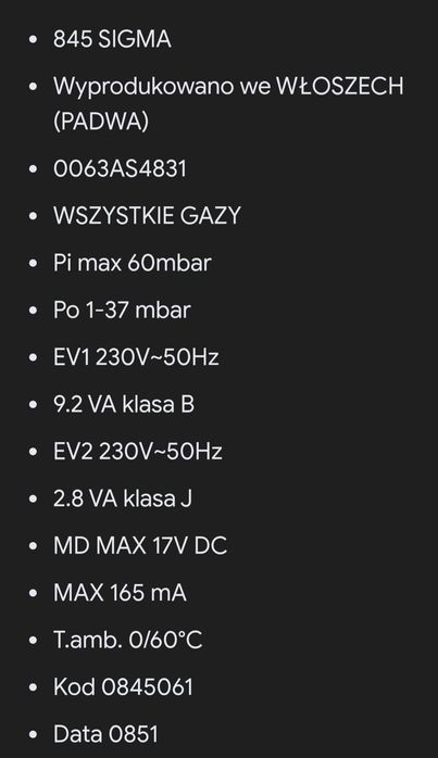 Elektrozawór gazowy  SIT  SIGMA 845
