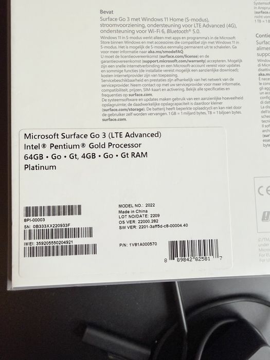 Microsoft Surface Go 3 z LTE Advanced  2022r esim sim