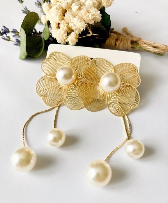 Kolczyki Damskie kwiatki perełki dłuższe eleganckie 2 w1