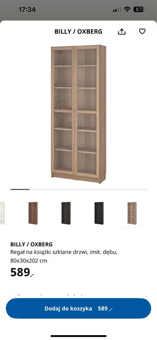 Ikea regał Billy Oxberg szklane drzwi imitacja dębu