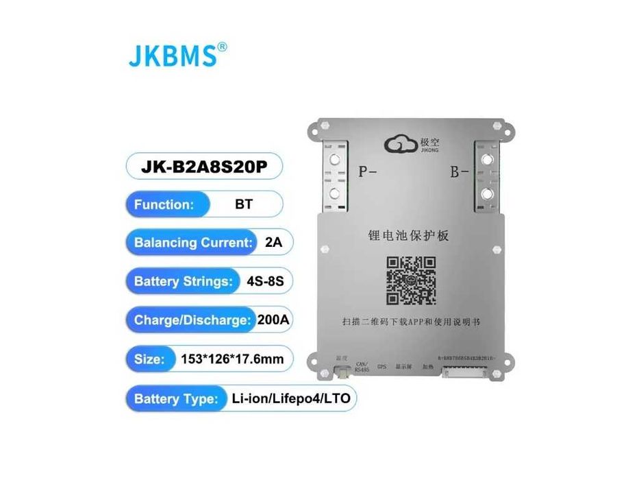 JіKong SMART BMS БМС Інтелектуальна Плата Керування і Захисту JK B2A8S20P Li-ion Lifepo4 12V 24V 4S 8S 200A струм балансування 2А з Bluetooth функцією