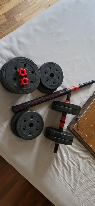 Kit treino em casa: halteres ajustáveis + barra ligação + bandas