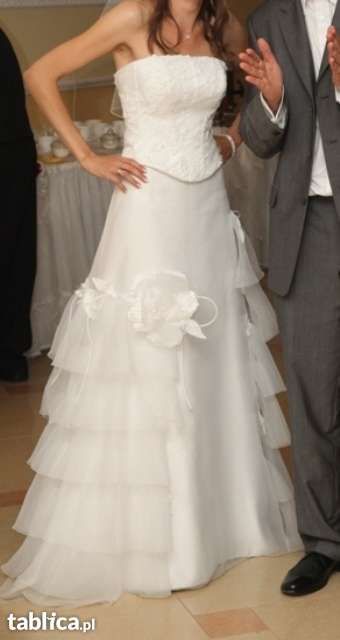 Biała UNIKATowa z trenem gorset falbany suknia ślubna r. 34/36