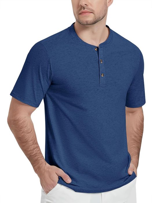 Koszulka męska Henley - bawełniana - niebieska 2XL