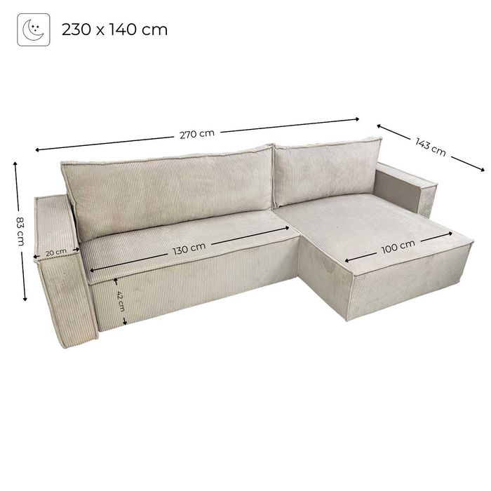 Rogówka Sofa Narożnik z funkcją spania NOCA 270x143 poso sztruks
