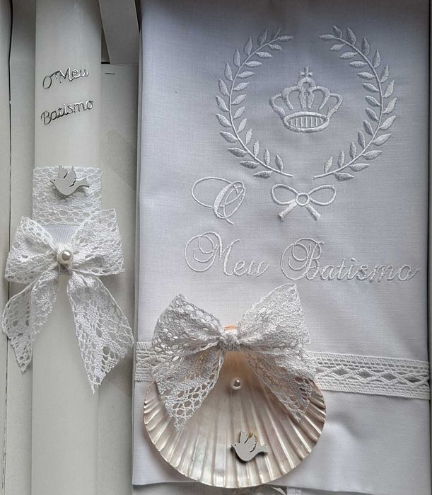 conjunto para batismo / batizado: vela, concha, toalha