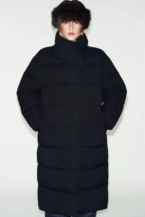 Стьобаний довгий чорний анорак куртка зимовий міді zara xs s m l / стеганный длинный анорак куртка миди черный