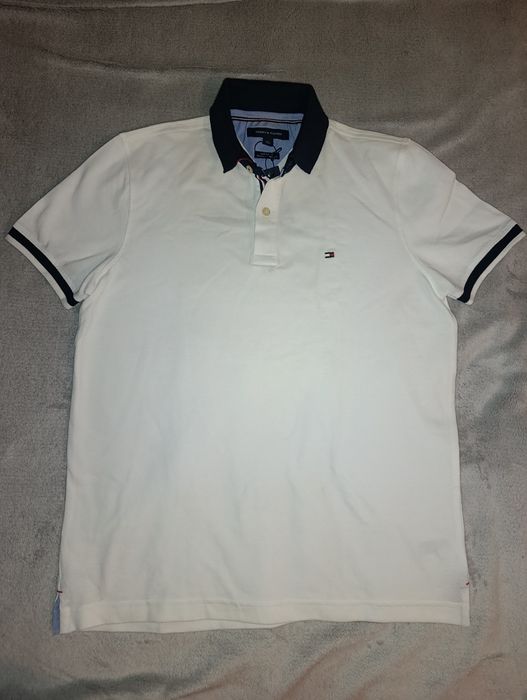 Nowa Koszulka Polo TOMMY HILFIGER Biała Granatowy Kołnierzyk r. S Custom Fit ORYGINAŁ