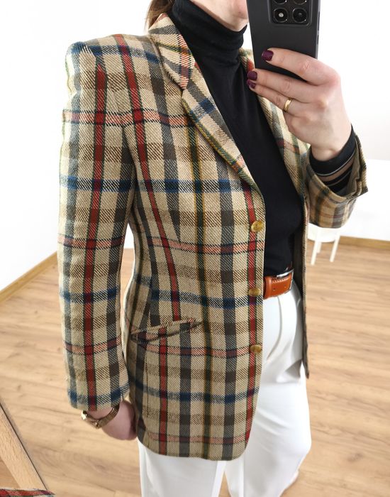 Jedwabna marynarka vintage marki Daks w kratę perełka vintage rozmiar