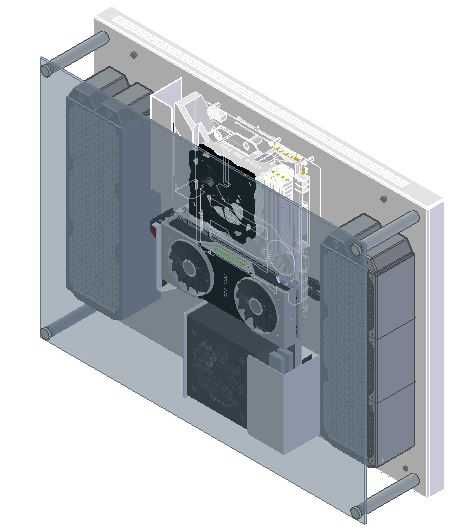 Otwarta obudowa PC na ścianę, szkło hartowane, 2 x AIO 360 potężna