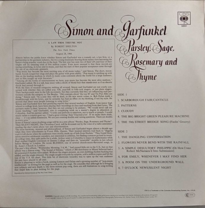 Simon & Garfunkel	- - - - -	Parsley, Sage, Rosemary And Thyme	- - -	LP
