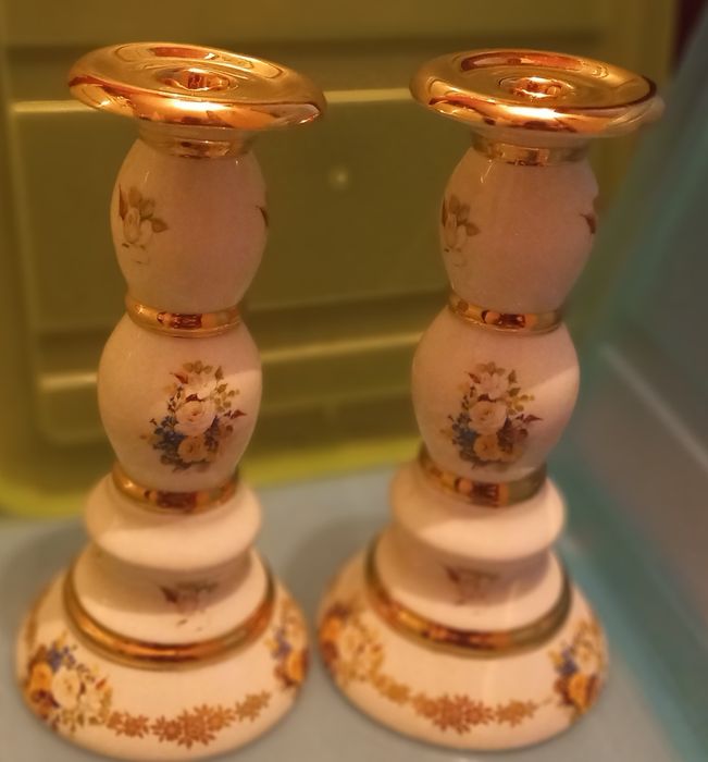 Conjunto de jarro, bacia e 2 castiçais