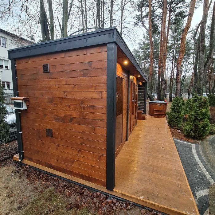 sauna ogrodowa z przedsionkiem, spa zewnętrzne premium, producent