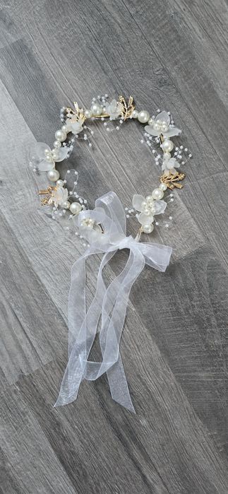 Elegancki wianek na druciku złote dodatki wstążka boho komunia ślubi