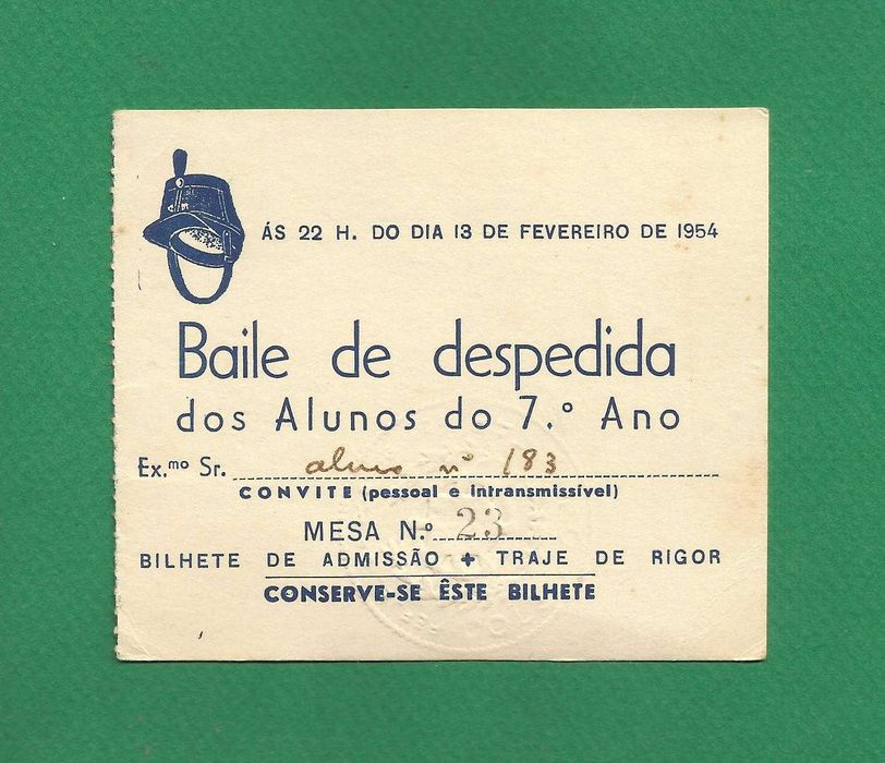COLÉGIO MILITAR -Baile de Despedida - convite antigo 1954