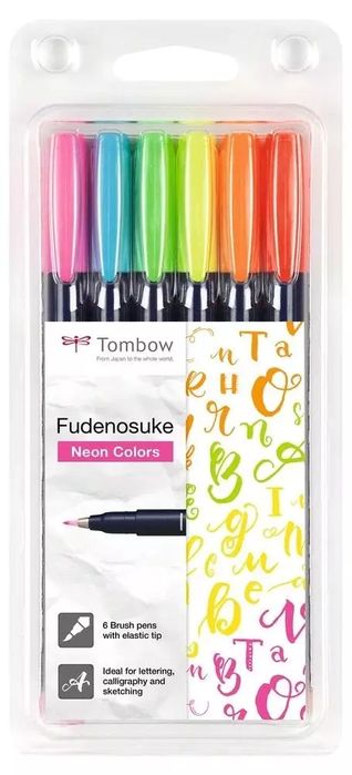 Flamastry brush pen Fudenosuke 6 kolorów. Tombow. Nowy Produkt