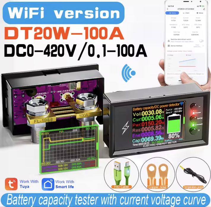 WiFi Atorch DT20W индикатор параметров АКБ 100A DC 0-420V