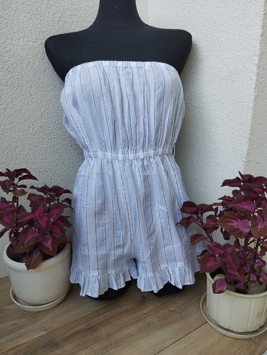 błękitny kombinezon boho xs hippie niebiesko biały falbanki paski mars