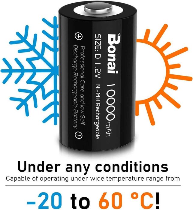 BONAI Pilhas D recarregáveis 1,2V Ni-MH 10000mAh 1200 ciclos (4 baterias / pilhas)