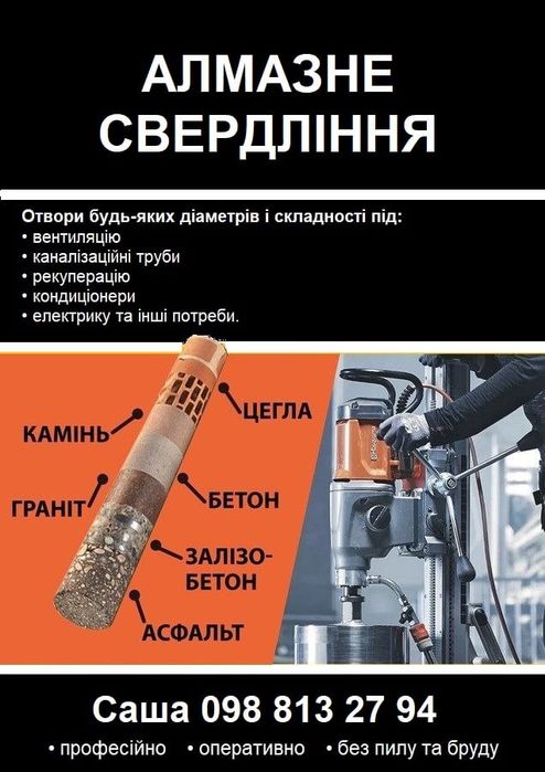 Алмазне буріння (свердління) отворів в бетоні, цеглі, камені