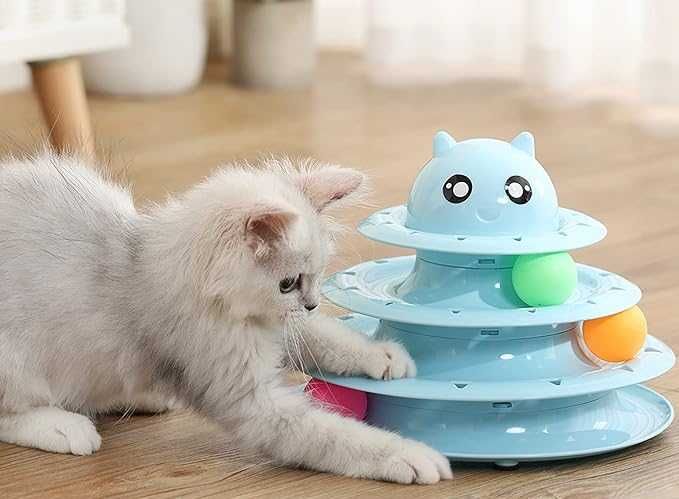 Zabawka interaktywna dla kota wieża z piłeczkami uciekające piłeczki