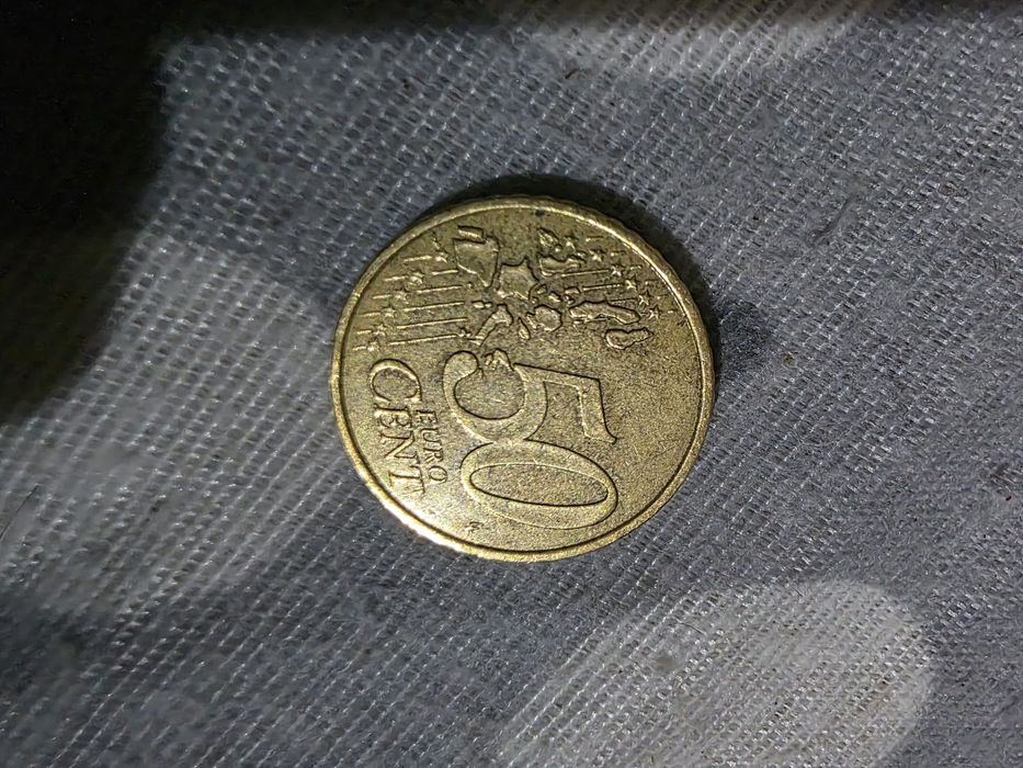 Moeda 50 cêntimos Grécia com F na estrela