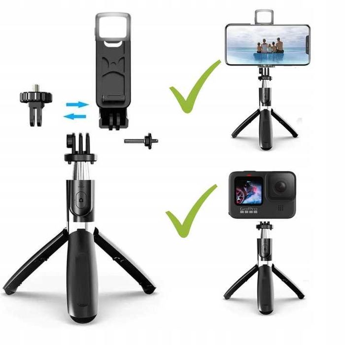 Selfie Stick Statyw 3w1 Metalowy Czarny Pilot Bluetooth turystyczny