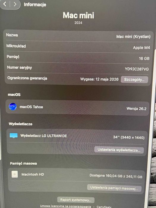 Apple Mac M4 Mini 16GB RAM 256GB SSD Gwarancja do 05.2027 stan BDB