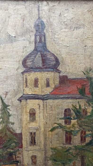 Stary obraz olejny - Architektura / Dworek - Przedwojenny - Klimat
