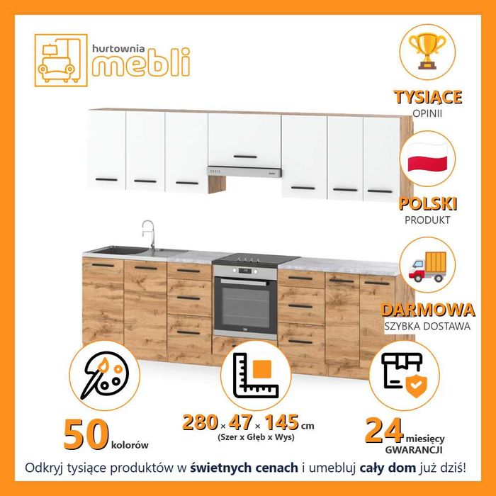 Meble Kuchenne Nowoczesne Modułowa Roma 2.8m Zestaw Pojemny Szeroki