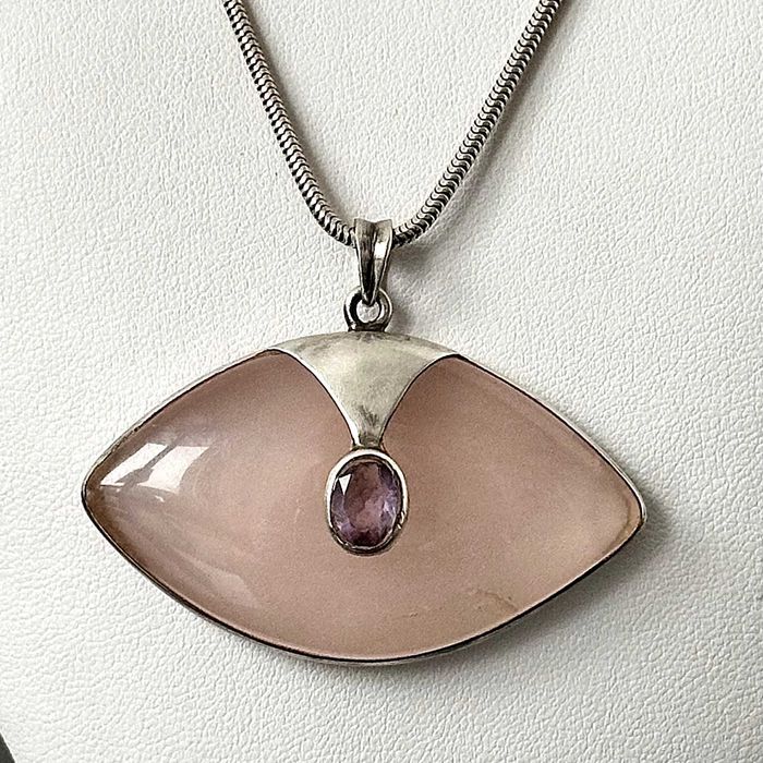 Srebrny naszyjnik z Różowym Kwarcem i Ametystem ok. 1970r. próby 925