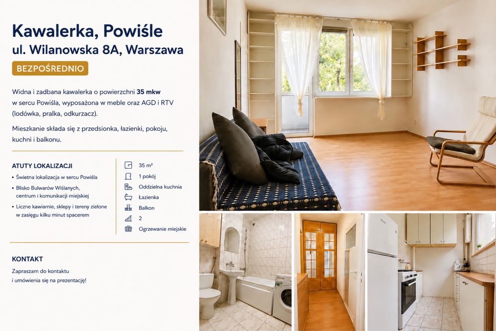 Kawalerka 35 m², Powiśle, ul. Wilanowska – BEZPOŚREDNIO