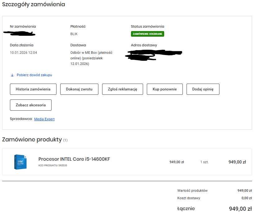 Intel Core i5-14600KF – Gwarancja, Dowód Zakupu