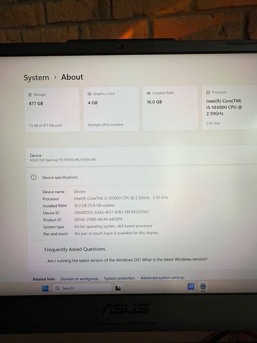 Laptop gamingowy ASUS TUF Gaming F15: i5 / 16GB / SSD 512GB / GTX 1650