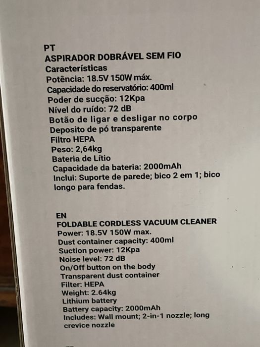 Aspirador de pó sem fio dobrável